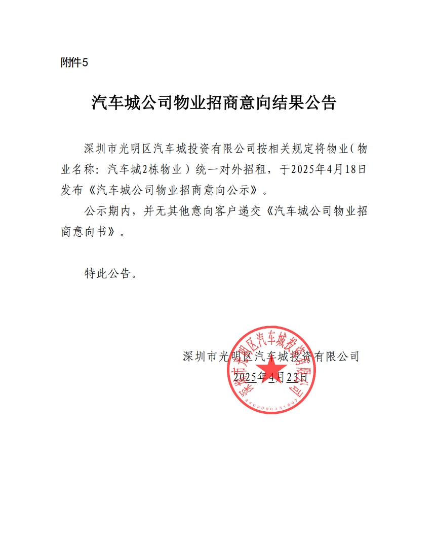汽车城公司物业招商意向结果公告-2栋